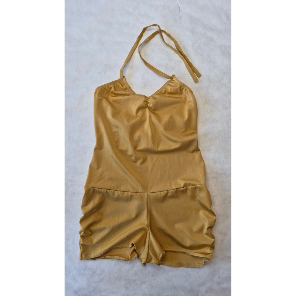 Vintage Kelle Gold Halter Dance Romper Ruched Lycra One Piece Womens‎ Medium